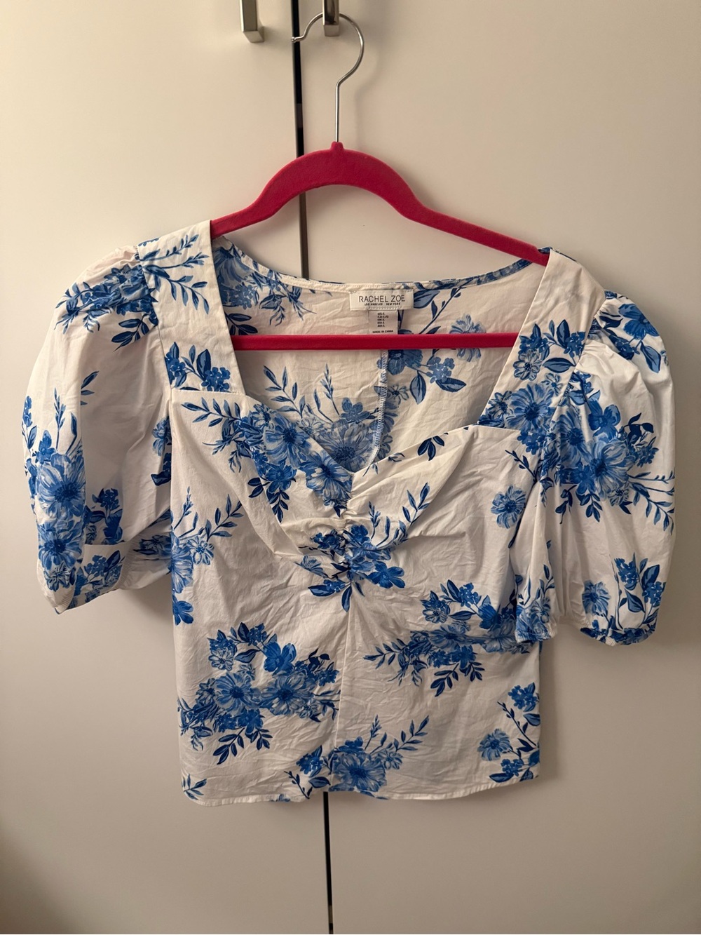 Rachel Zoe White Blouse with Blue Floral Print and Puff Sleeves
